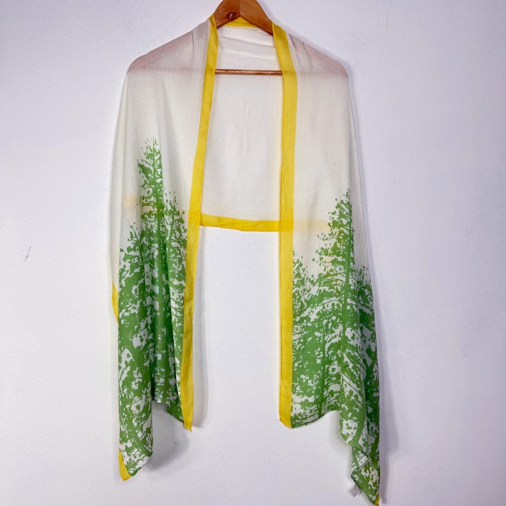 Curia Womens Scarf White Green Yellow Tree Print Sheer Viscose Boho Cottagecore - Picture 4 of 9